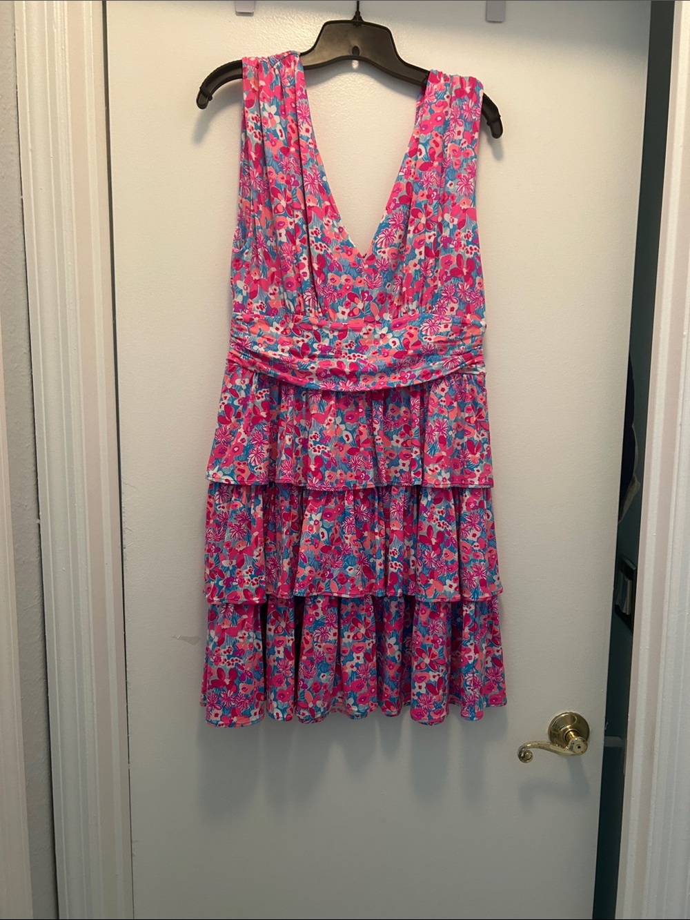 Lilly Pulitzer Pink and Blue Floral Tiered V-Neck Mini Dress